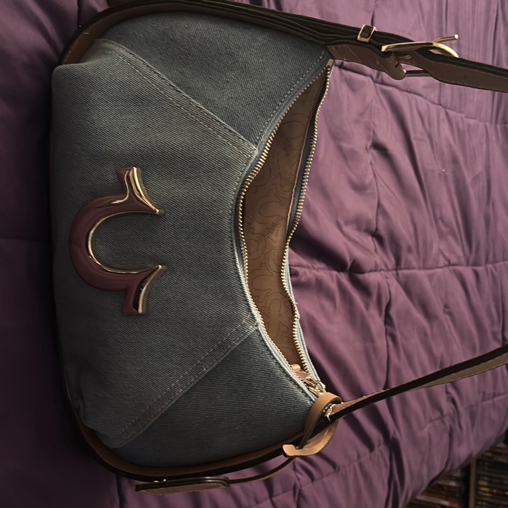 Blue Shoulder Bag with Gold Accents